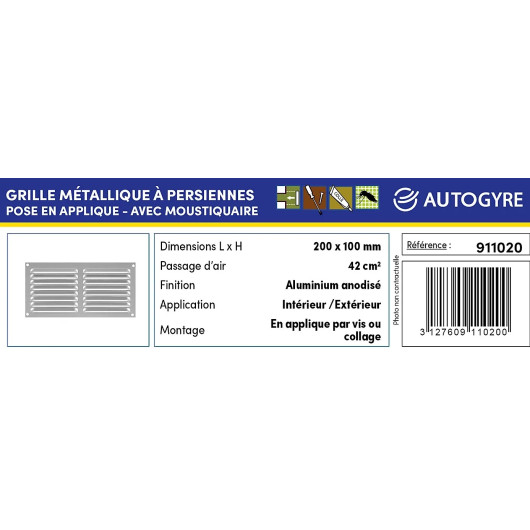 Grille d’aération aluminium brut 200 x 100 mm Autogyre | 42 cm² | Ventilation VASP van et fourgon | détails techniques
