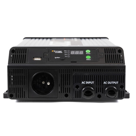 Convertisseur sinusoïdal DC/AC PS-RT 2200 VA – 12/230 V avec relais transfert 30 A et écran déportable | facçade + prise AC