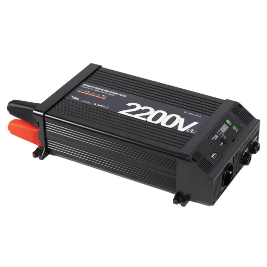 Convertisseur sinusoïdal DC/AC PS-RT 2200 VA – 12/230 V à relais transfert 30 A et écran déportable | vue de haut connexion DC