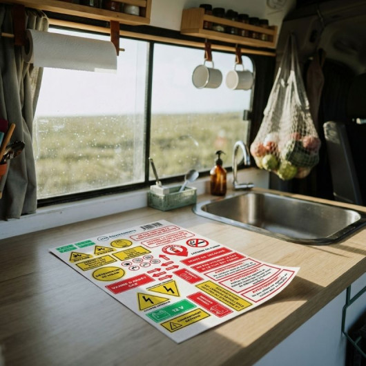 Autocollant Homologation VASP van & fourgon aménagé | Pictogrammes dossier DREAL | plaquette dans cuisine d'un fourgon