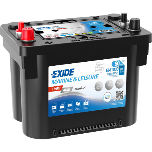 Batterie 12V de servitude/démarrage 50 Ah Exide pour moteur bateau Start AGM