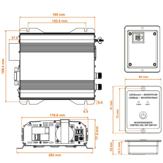 EM Convertisseur sinusoïdal DC-AC - PSW DIF-V2 350 Va - schémas dimensions