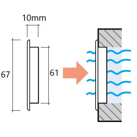 Grille d'aération circulaire ø 60 mm - 10 cm2 FAP pour coffe et habillage - conforme VASP - schéma dimensions
