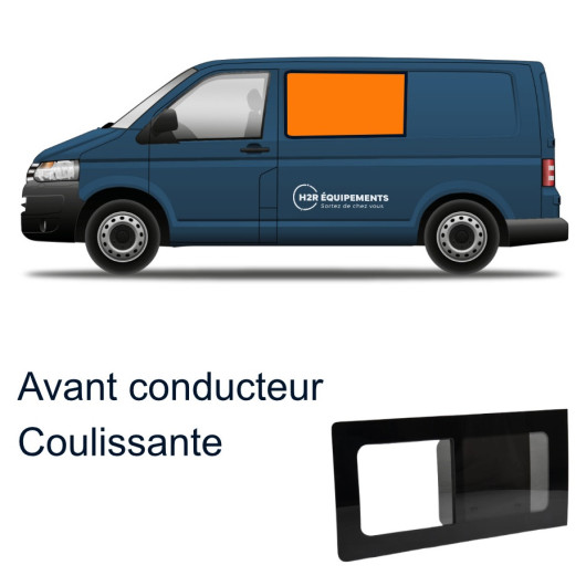 Fenêtre avant coulissante gauche VW T5/T6/T6.1 | Baie en verre securit 43R VASP pour van et fourgon | avec texte explicatif
