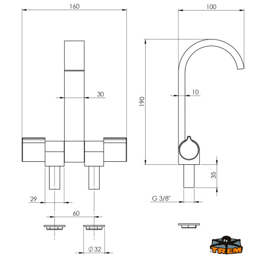 Robinet eau chaude/froide Style Black Line Trem - Robinet rabattable bateau, van et fourgon aménagé - dimensions
