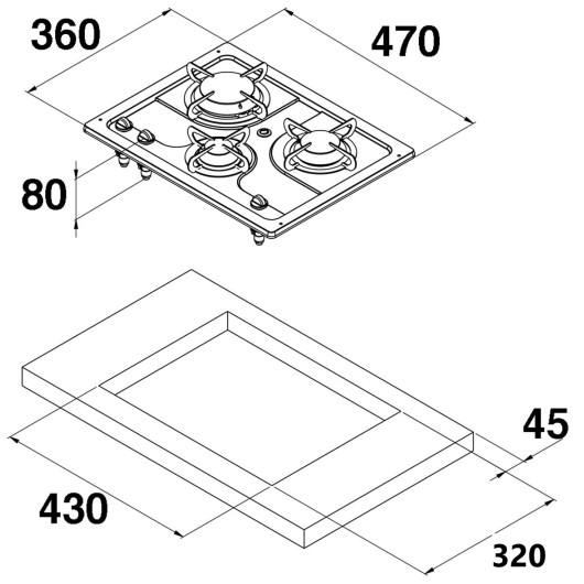 Burny 3 feux inox PC1323 CAN - plaque de cuisson gaz 3 feux pour bateau, van et camping-car - VASP - schéma dimensions