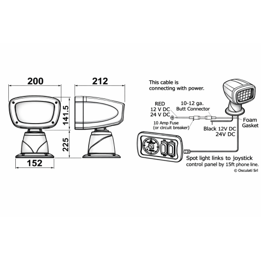 Projecteur LED Aldebaran Combo Osculati | Projecteur de route pour bateau voilier ou moteur 12/24 V | Dimensions