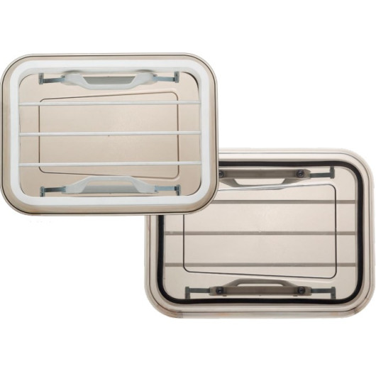 Lanterneau Lippert 500x350 avec grille de sécurité en aluminium - vu présentation côté interrieur et extérieur