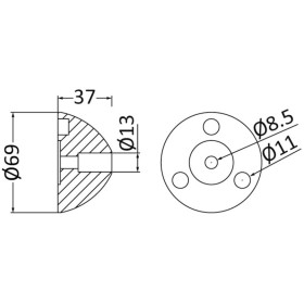 Anode en zinc pour hélices 2/3/4 pales FLEXOFOLD Anodes en zinc diam 69 mm pour hélices FLEXOFOLD - hélices 2-3-4 pales - vu anode et vis de montage