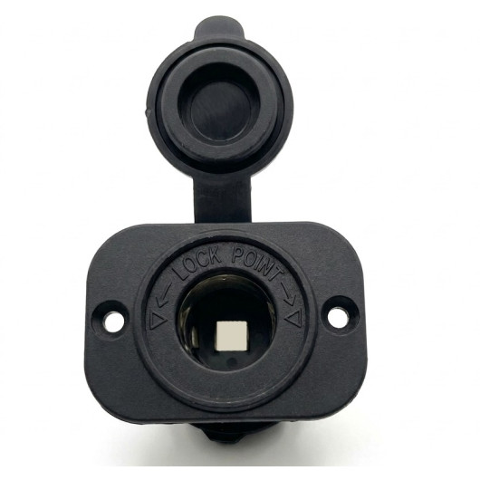 "Vue de face prise 12V Osculati avec marquage Lock Point pour verrouillage quart de tour et capuchon d'étanchéité"