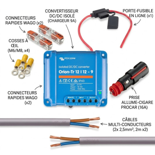 Kit charge batterie Lithium sur allume-cigare 12V avec chargeur Victron Orion-Tr 9A pour van et SUV