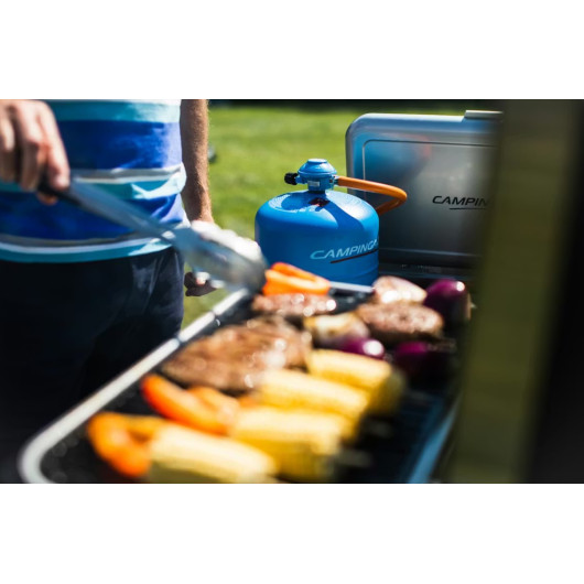 Détendeur 28 mBar CAMPINGAZ sur bouteille gaz R907 devant un barbecue gaz