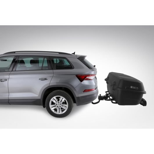 Kit ReLoader Box 410 L + base ReCargo Modula Case System | vue du profil, installation sur boule d'attelage