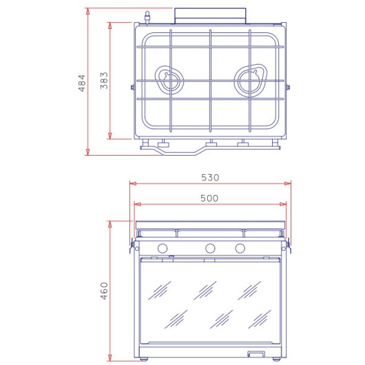 Cuisinière bateau TECHIMPEX XL2 | Réchaud 2 feux avec four et cardan - schéma dimensions