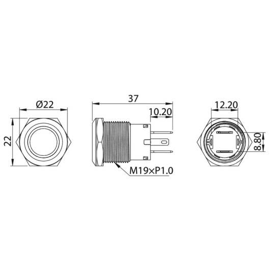 Interrupteur FLAT inox ON/OFF 24 V LED Osculati | Dimensions