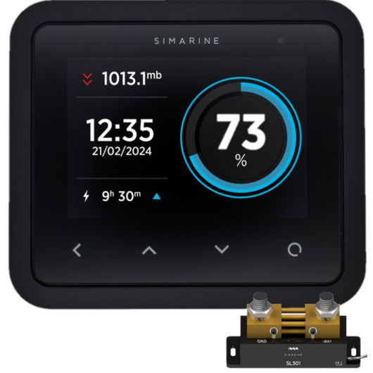 Vu pack pico lite SIMARINE VERSION encastré avec son shunt sous son moniteur LCD-contrôleur de batterie