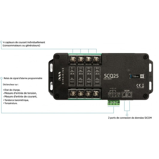 Module Shunt Quattro SCQ25 SIMARINE avec légende des connexions électriques