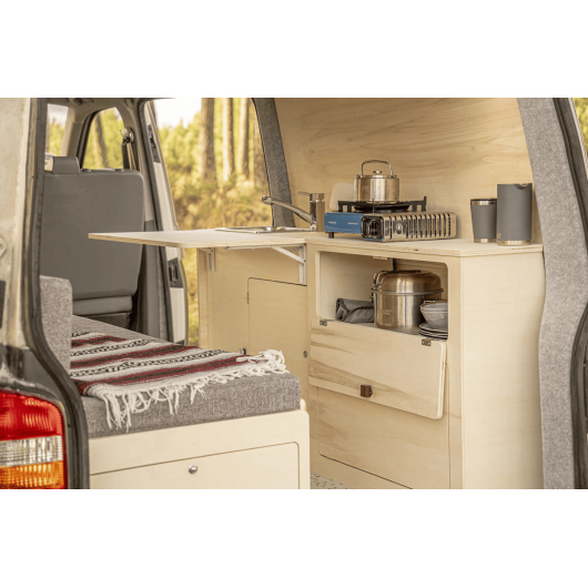 Meuble latéral universel A3V2 avec table Simple Vans | Aménagement bois contreplaqué pour van et fourgon