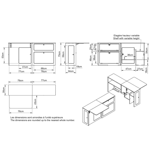 Meuble latéral universel A3V2 avec table Simple Vans | Aménagement bois contreplaqué pour van et fourgon | Dimensions
