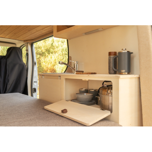 Meuble latéral universel A2V2 avec table Simple Vans | Aménagement bois contreplaqué pour van L1