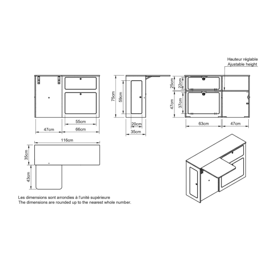 Meuble latéral universel A2V2 avec table Simple Vans | Aménagement bois contreplaqué pour van L1 | Dimensions