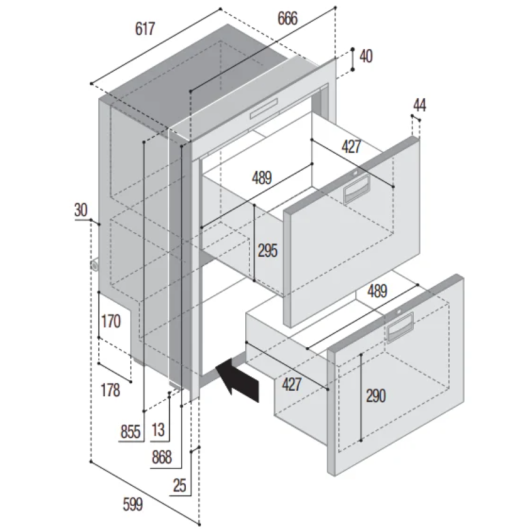 Réfrigérateur double tiroir DW180 OCX2 RFX Vitrifrigo | idéal nautisme et véhicule aménagé | dimensions