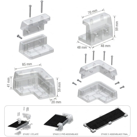 vu 3d avec dimensions et étape de montage des cornières pour panneau solaire
