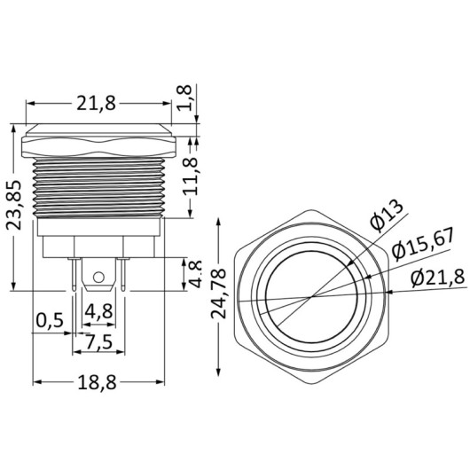 Interrupteur FLAT inox ON‑OFF 12/24V LED | OSCULATI |  Dimensions