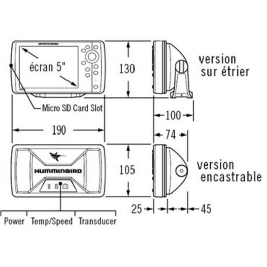 Sondeur Helix 5 G2 version DI Humminbird avec sonde TA | Sondeur Ecran Couleurs | Dimensions