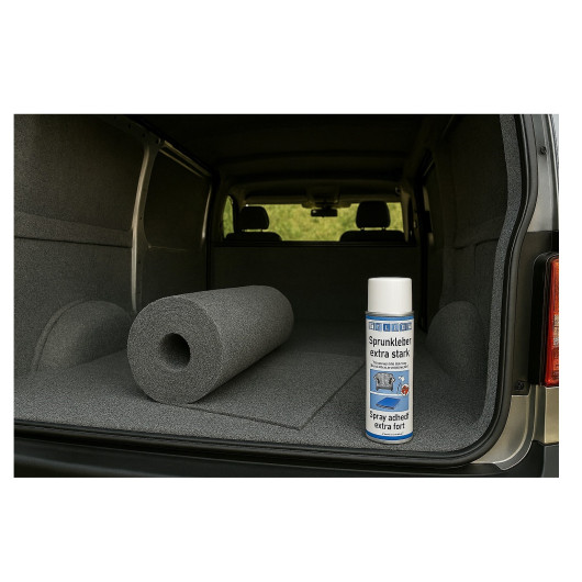 Colle néoprène en spray - bombe 500 ml WEICON à l'arrière d'un van avec moquette de finition