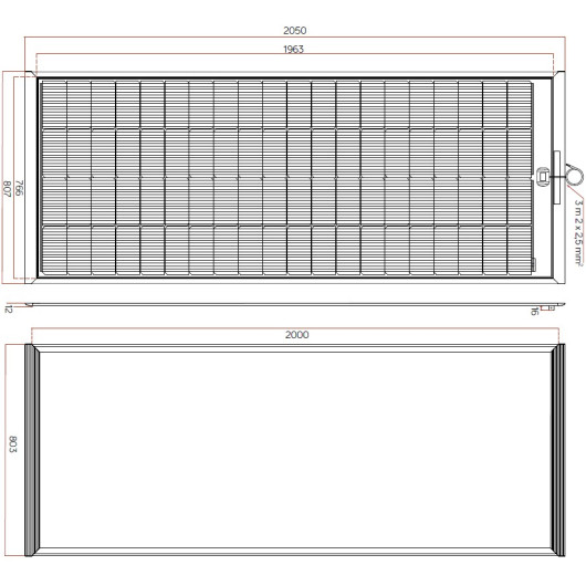 Schéma de dimensions du panneau solaire Slim 300W HD ENERGIE MOBILE.