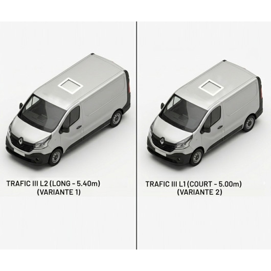 Cadre adaptateur pour lanterneau 40 × 40 cm sur trafic 3-1 présenté sur véhicule variante selon longueur
