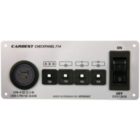 Panneau de Contrôle Électrique 12V Checkpanel 714 | Protection & Recharge USB - Carbest vu façe Panneau de Contrôle Électrique 12V Checkpanel 714 Protection & Recharge USB - Carbest
