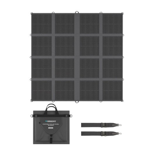 panneau solaire portable 400 w RENOGY, vu déplié avec vu plié et lanières de portage