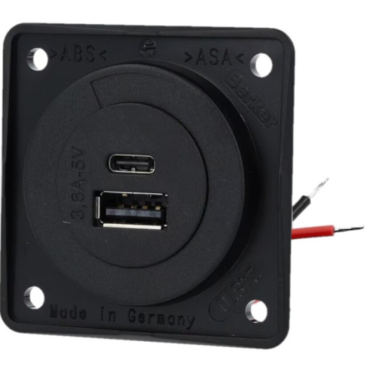 BERKER Prise double USB A et C noir mat vu avant avec câble de connexion