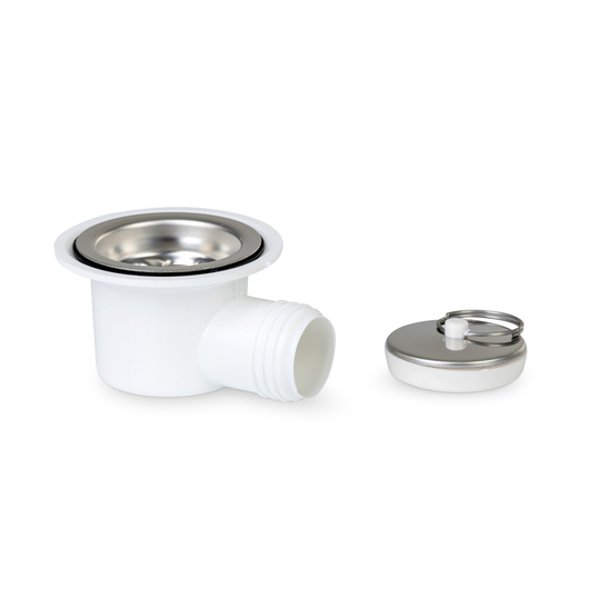 Bonde d'évier et siphon 37mm Can | vue de profil avec bouchon à côté - vue de face