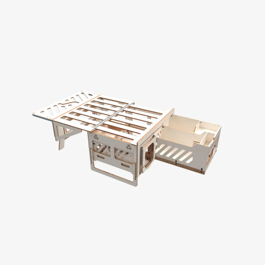 Malle de coffre lit Minimalle 120 cm Exokit  | Cuisine et couchage pour road trip en voiture ou van | Déplié
