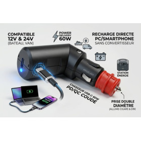 Prise allume cigare sortie USB C 60W - PC - QC - PROCAR vu de côté coudée