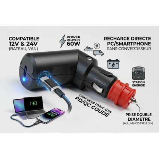 3D image applications - Cigarette lighter socket with 60W USB-C output - PC - QC - PROCAR