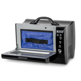 Micro‑ondes portatif CAMP4 12V / 230V - Van, camping‑car et camping - avec sac isotherme porte ouverte