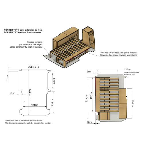 Kit meuble bois Roamer VW T5-T6 Simple Vans | pack aménagement DIY van et fourgon | dimensions colonne