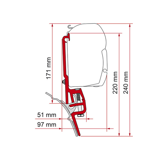 Kit adaptateur store Fiamma F45s VW T4 Brandrup, Multiral Reimo | schéma avec dimensions