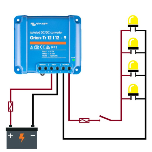 Schéma électrique avec convertisseur DC/DC Victron alimentant des ampoules LED avec batterie, interrupteur et protection.
