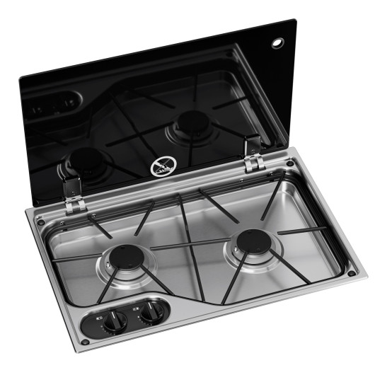 Plan de cuisson gaz Dometic CVH1525G 2 feux inox avec couvercle verre - 525 x 350 mm pour van et camping-car