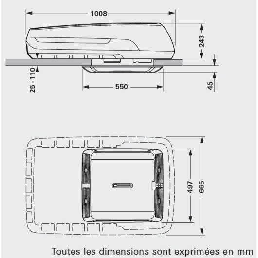 Climatiseur Truma Aventa Comfort 2ème génération - 2500 W, silencieux, camping-car et caravane - dimensions vue 2D