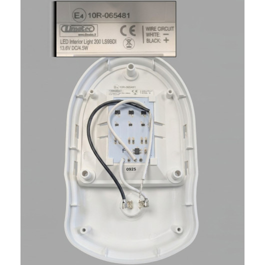 Détails techniques du plafonnier LED Dimatec : carte électronique, câblage 12V (Blanc -, Noir +), certification E4 10R-065481