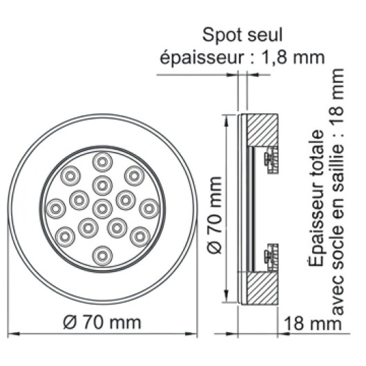 Spot 12V 15 LED TRIGANO vu schéma dimensions.