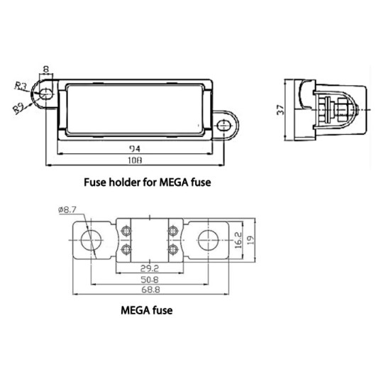 Porte-fusible MEGA Victron Energy - Protection DC haute intensité van, fourgon et bateau - schéma dimenions
