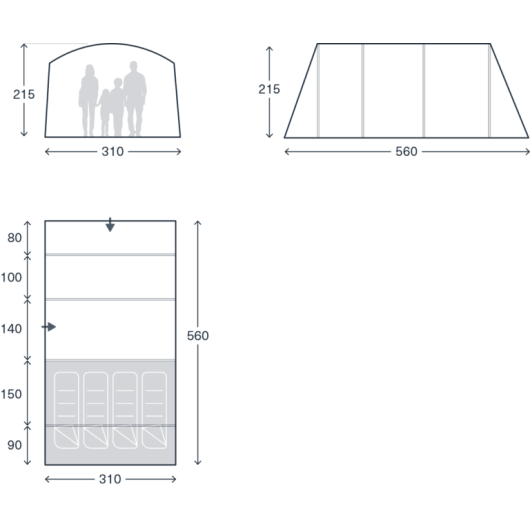 Tente tunnel gonflable Kampa Dawlish Air 04 | Tente camping 4 personnes | schéma avec dimensions