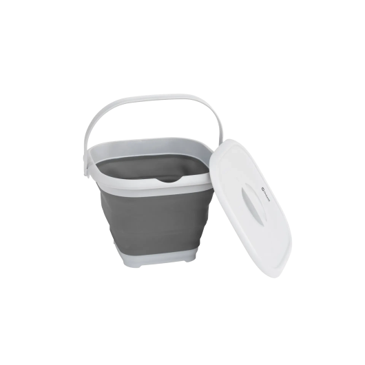 Seau carré pliable OUTWELL - van aménagé, camping-car | couleur gris position ouverte avec couvercle ouvert en mode poubelle
